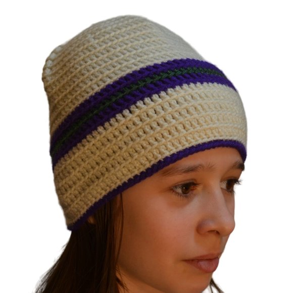 Beanie Crochet White Purple Stripes Tied knit approx. S - Picture 5 of 5